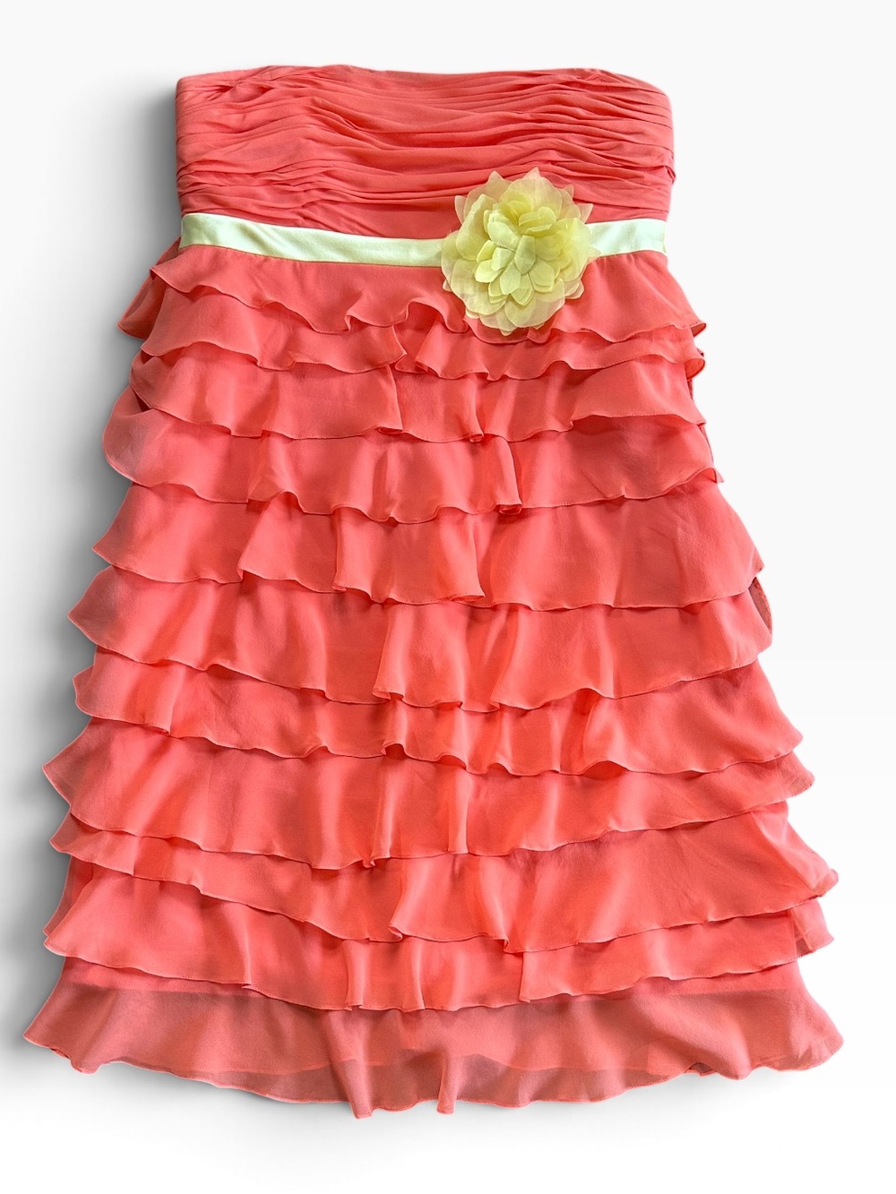 Kay Unger Coral Strapless Tiered Ruffle Cocktail Dress Rosette Size 12